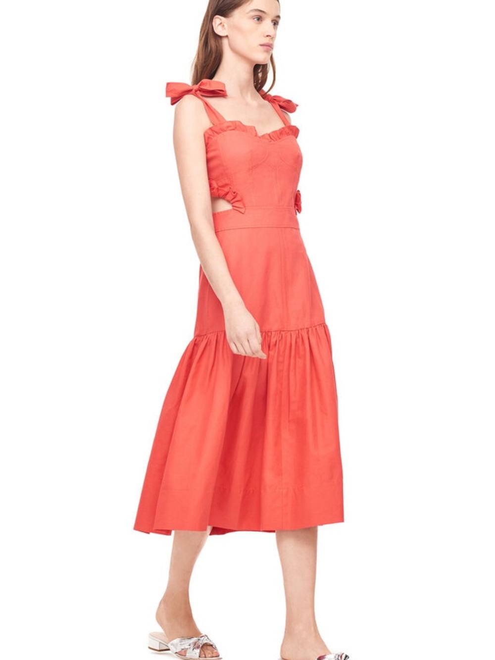 Rebecca Taylor Coral Midi Dress with Ruffle Bodice
